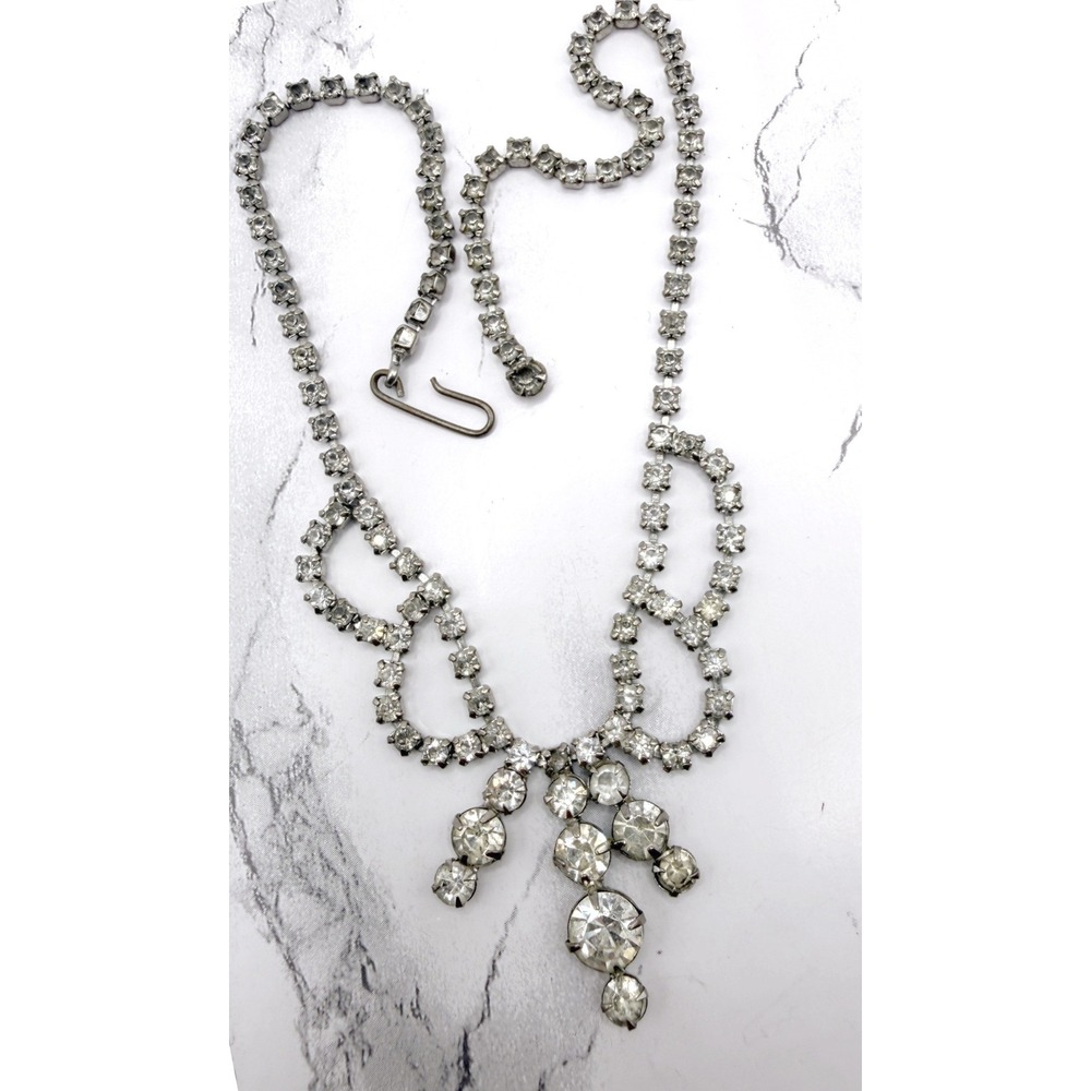 Colorless Glass Rhinestone Bib Necklace Silver Tone Hook Closure 16"